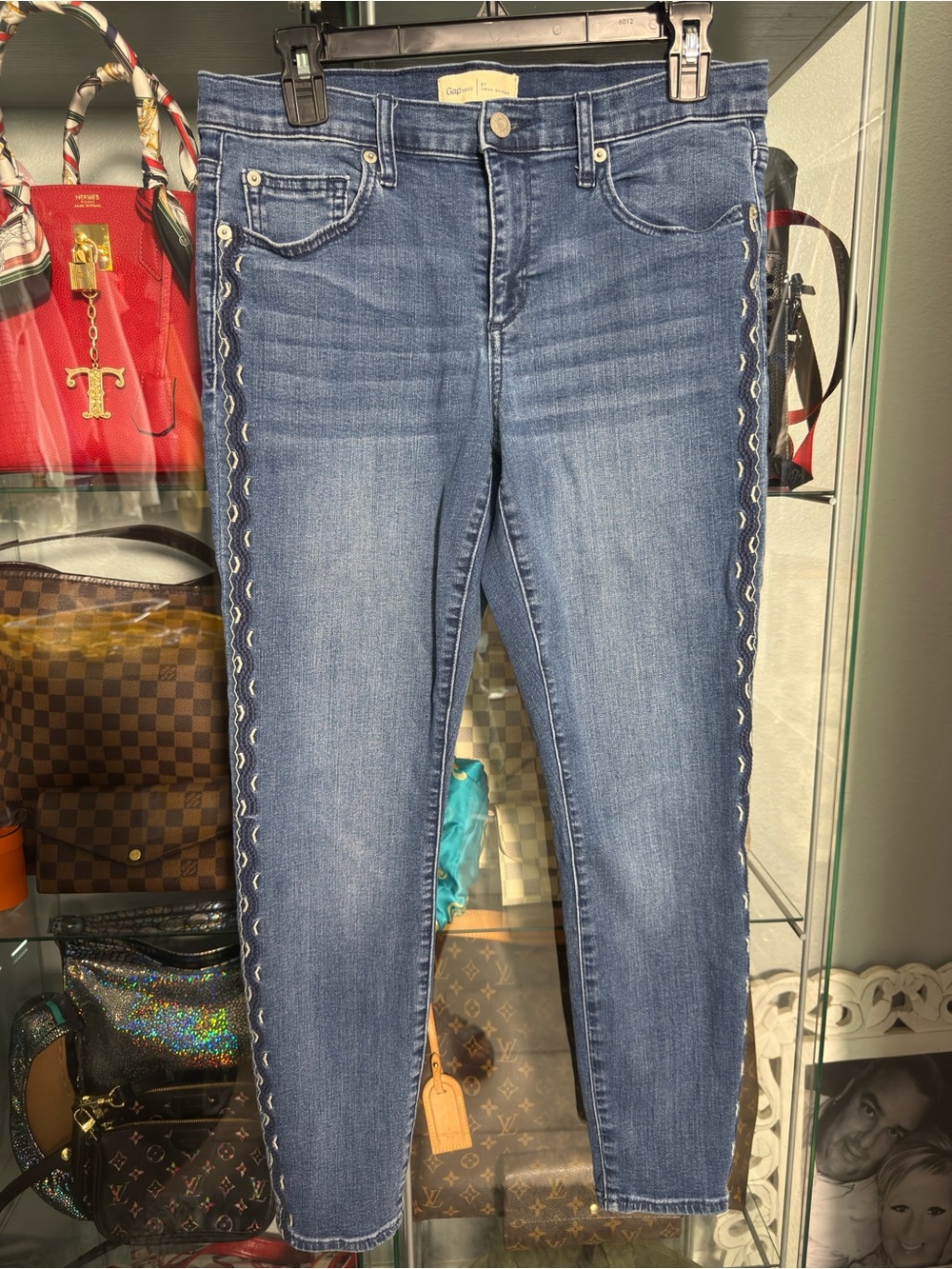 Embroidered Side-Trim Ankle Skinny Jeans — Blue